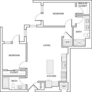 956 square foot two bedroom two bath apartment floorplan image