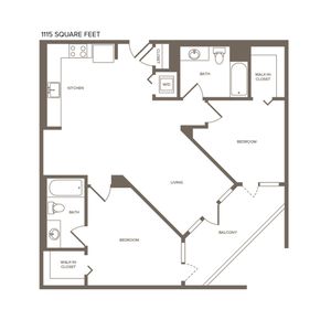 1115 square foot two bedroom two bath floor plan image