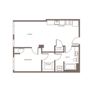 690 square foot one bedroom one bath with walk-thru closet to bath apartment floorplan image
