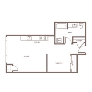 653 square foot one bedroom one bath apartment floorplan image