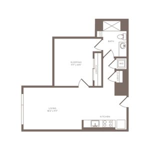 708 square foot one bedroom one bath apartment floorplan image
