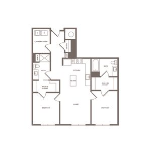 1201 square foot two bedroom two bath apartment floorplan image