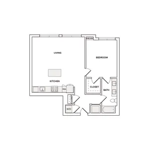 799 square foot one bedroom one bath apartment floorplan image