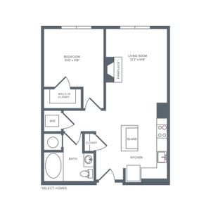 793 square foot one bedroom one bath apartment floorplan image