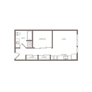 Income restricted one bedroom ranging from 531 to 644 square feet one bath apartment floorplan image