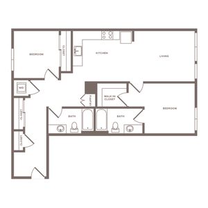 Two bedroom two bath ranging from 1037 to 1072 square feet apartment floorplan image