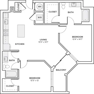 1090 square foot two bedroom two bath apartment floorplan image