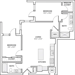 956 square foot two bedroom two bath apartment floorplan image