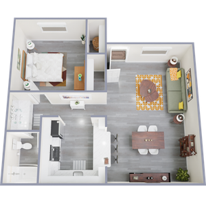 Modern floor plan featuring 1 bedroom, open-concept kitchen, and spacious living area with stylish decor.