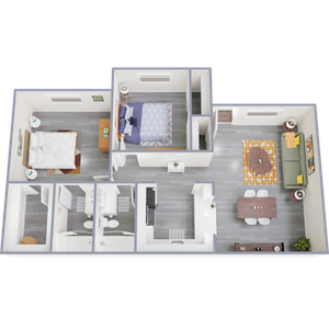 Chic 3D floor plan with 2 bedrooms, open living room, and modern kitchen.