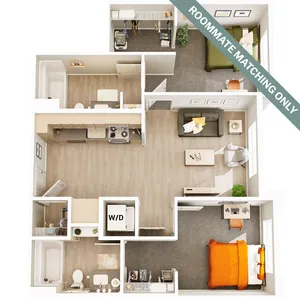 Contemporary 2D floor plan featuring two bedrooms, stylish open-concept living space, and modern kitchen. Includes a cozy living area and convenient in-unit washer/dryer. Roommate matching available.