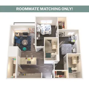Modern 3D floor plan featuring 2 bedrooms, living area, kitchen with island, and 2 bathrooms, perfect for roommate matching.