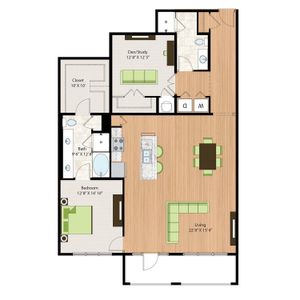 One Bedroom Two Bath with Den (1666 SF)