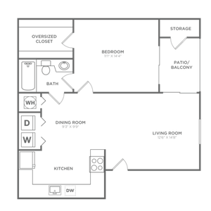 Floor plan map for a one bedroom apartment at Avana Palm Beach Gardens rental community near Juno Beach with labeled rooms.