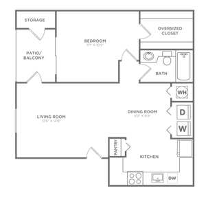 Floor plan map for a one bedroom apartment at Avana Palm Beach Gardens rental community near Juno Beach with labeled rooms.
