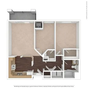 Modern floor plan with two bedrooms, a spacious balcony, open-concept kitchen and living room, plus a sleek bathroom.