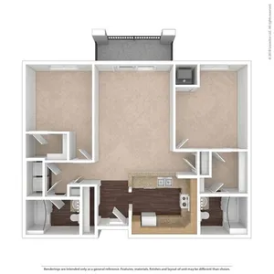 Modern 3D floor plan showcasing 2 bedrooms, a spacious kitchen, and a cozy living area with an open layout.