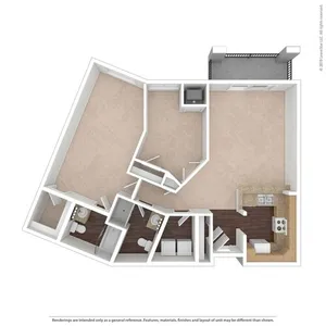 Modern 3D floor plan showcasing two bedrooms, an open-concept kitchen with dining area, and a cozy living space with balcony access.