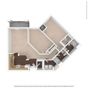 Modern 2D floor plan featuring two bedrooms, an open living and dining area, stylish kitchen, and private balcony.