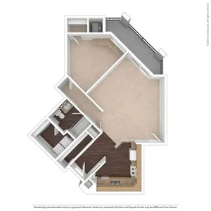 Modern floor plan showcasing a spacious open-concept living area, sleek kitchen, and cozy bedroom with private balcony access.