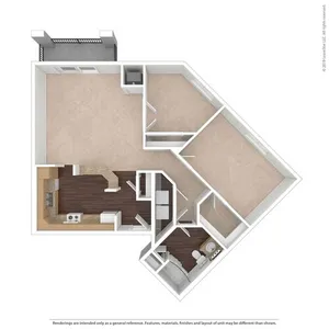 Modern floor plan showcasing a unique triangular layout with a spacious living area, sleek kitchen, and cozy bathroom.