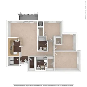 Modern 3-bedroom apartment floor plan with open living space, efficient kitchen, and two bathrooms.