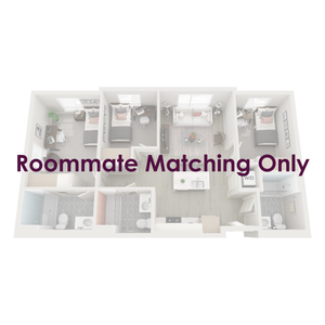 Three-bedroom apartments are fully furnished with a twin XL bed frame/mattress, desk, chair, and dresser drawers in each bedroom; the living room is furnished with barstools, a couch, coffee table, and TV stand. A table and two chairs are also included for the outdoor patio.