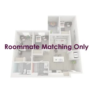 Three-bedroom apartments are fully furnished with a twin XL bed frame/mattress, desk, chair, and dresser drawers in each bedroom; the living room is furnished with barstools, a couch, coffee table, and TV stand. A table and two chairs are also included for the outdoor patio.