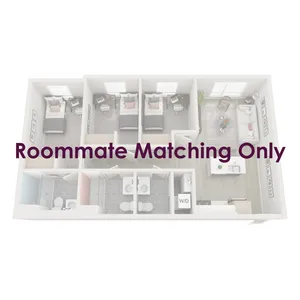 Three-bedroom apartments are fully furnished with a twin XL bed frame/mattress, desk, chair, and dresser drawers in each bedroom; the living room is furnished with barstools, a couch, coffee table, and TV stand.