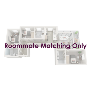 Three-bedroom apartments are fully furnished with a twin XL bed frame/mattress, desk, chair, and dresser drawers in each bedroom; the living room is furnished with barstools, a couch, coffee table, and TV stand. Furniture is also included for the outdoor patio.