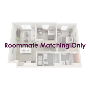 Two-bedroom apartments are fully furnished with a twin XL bed frame/mattress, desk, chair, and dresser drawers in each bedroom; the living room is furnished with barstools, a couch, coffee table, and TV stand.