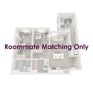 Three-bedroom apartments are fully furnished with a twin XL bed frame/mattress, desk, chair, and dresser drawers in each bedroom; the living room is furnished with barstools, a couch, coffee table, and TV stand.