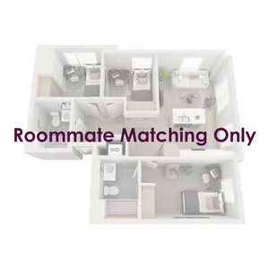 Three-bedroom apartments are fully furnished with a twin XL bed frame/mattress, desk, chair, and dresser drawers in each bedroom; the living room is furnished with barstools, a couch, coffee table, and TV stand.