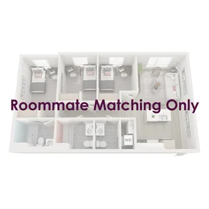 Three-bedroom apartments are fully furnished with a twin XL bed frame/mattress, desk, chair, and dresser drawers in each bedroom; the living room is furnished with barstools, a couch, coffee table, and TV stand.