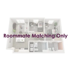 Two-bedroom apartments are fully furnished with a twin XL bed frame/mattress, desk, chair, and dresser drawers in each bedroom; the living room is furnished with barstools, a couch, coffee table, and TV stand.