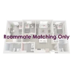 Three-bedroom apartments are fully furnished with a twin XL bed frame/mattress, desk, chair, and dresser drawers in each bedroom; the living room is furnished with barstools, a couch, coffee table, and TV stand.