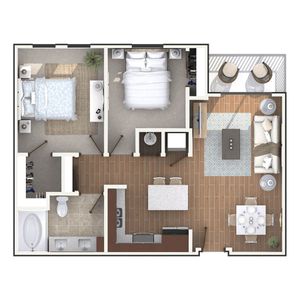 1 bedroom floor plan showcasing two spacious bedrooms, elegant bathroom, stylish open-concept living and dining area, and a cozy balcony.