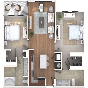 Modern apartment floor plan showcasing 2 elegant bedrooms, a spacious living area, sleek kitchen with an island, and inviting balcony space.