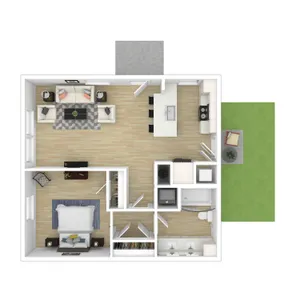 Modern floor plan featuring a spacious bedroom, stylish open-concept living area with a kitchen island, and a cozy outdoor patio.