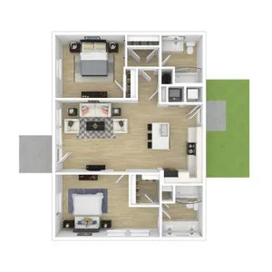 Modern floor plan showcasing two spacious bedrooms, open-concept living room, sleek kitchen with island, and stylish bathrooms, complemented by a cozy outdoor space.