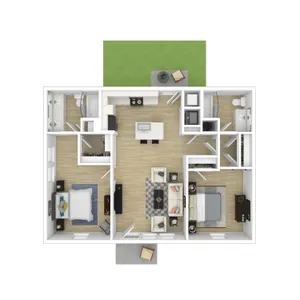 Chic floor plan showcasing 2 bedrooms, modern open kitchen, and cozy living area with lush patio access.