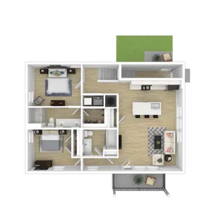 Modern floor plan showcasing 2 bedrooms, a spacious living area, open-concept kitchen, and two bathrooms with stylish design.