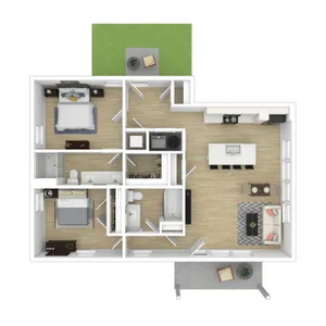 Modern floor plan showcasing 2 cozy bedrooms, sleek kitchen with island, and inviting open-concept living area with patio access.