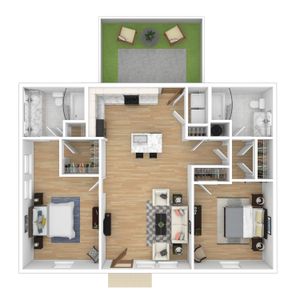 Modern 2D floor plan showcasing 2 bedrooms, open-concept kitchen with island, spacious living room, two luxurious bathrooms, and private outdoor patio.