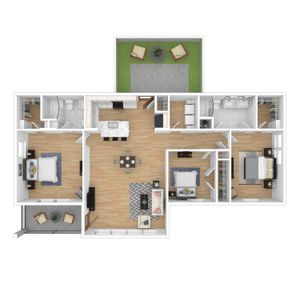 Modern 3-bedroom floor plan featuring open-concept living and dining area, sleek kitchen with island seating, and two stylish bathrooms. Includes cozy balconies for outdoor relaxation.