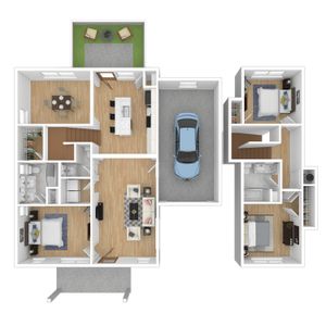 Contemporary 3D floor plan showcasing 3 bedrooms, an open-concept dining and kitchen area, spacious living room, and attached garage with modern finishes.