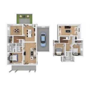 Modern 3D floor plan showcasing a stylish two-story layout with three bedrooms, an inviting open-concept living and dining area, sleek kitchen, and attached garage.