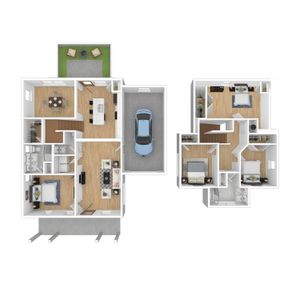 Beautiful 3D floor plan showcasing a stylish two-story home with three bedrooms, a modern open-concept living area, and an attached garage. Features include a chic dining area, cozy living room, and a lush outdoor patio.