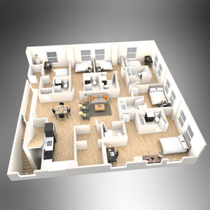 Spacious apartment floor plan displaying 6 bedrooms, open living area, and dining space.