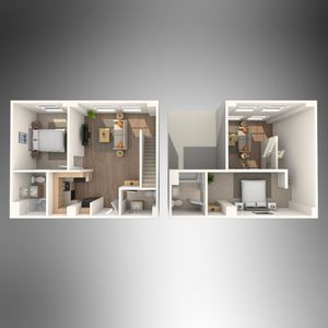Modern 3D floor plan showcasing a two-story layout with two cozy bedrooms, stylish open living area, and a sleek kitchen, perfect for contemporary living.